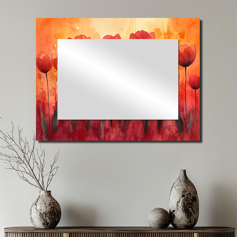 «Sunset Hues Tulips Field Horizon II», art mural miroir floral - imprimé sur métal, 24 po x 32 po