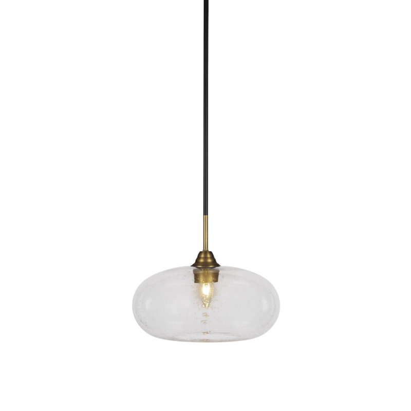 Ahern Stem Hung Pendant Shown In Matte Black & Brass Finish With 13" Glass, Clear Bubble