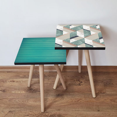 Modern Nesting Table Set (2 Pieces), Blue & White / Beige & Navy Blue, 13.8 x 18.5 x 13.8 in & 13.8 x 16.5 x 13.8 in | 100% MDF with Beech Wood Legs | Geometric Design for Stylish Living Spaces & Functionality