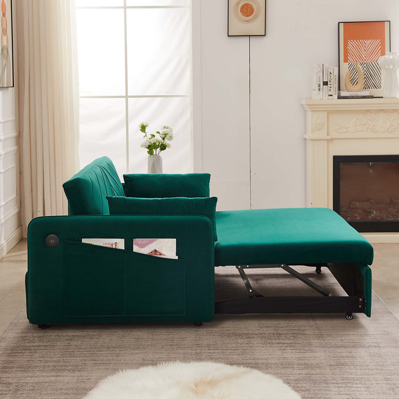 Sleeper Sofa Bed W/Usb Port, 3-In-1 Adjustable Sleeper With Pull-Out Bed, 2 Lumbar Pillows And Side Pocket, Soft Velvet Convertible Sleeper Sofa Bed, Suitable For Living Room Bedroom