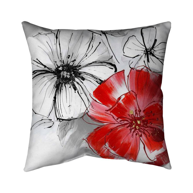 Red & white flowers sketch - 18"x18" Throw pillow cover - Poly twill - Print on demand