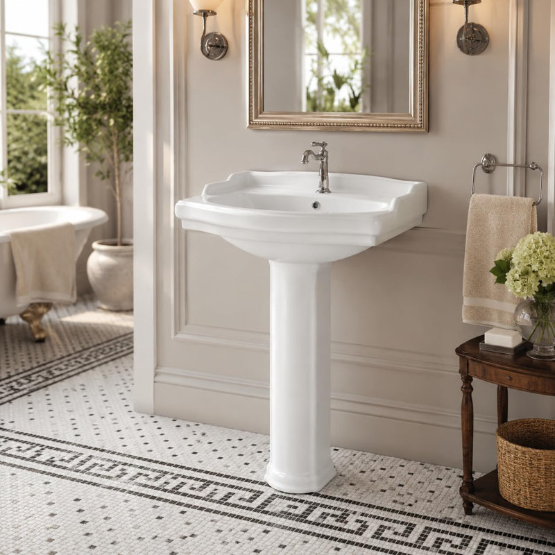 Vintage White Ceramic Pedestal Sink, Freestanding Column Lavatory with Gloss Finish & Raised Rim