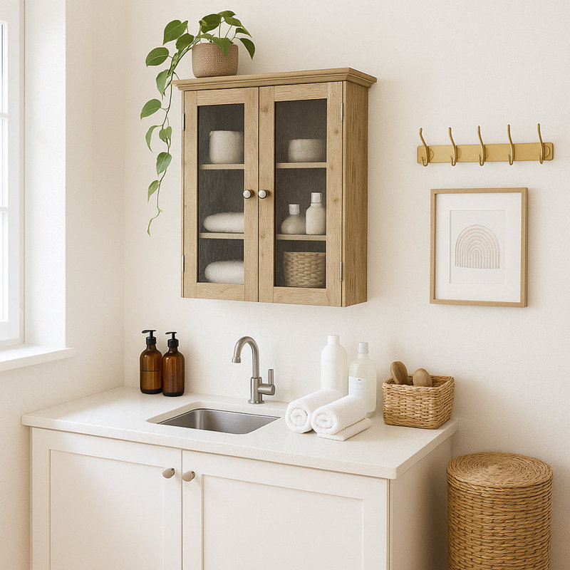 Removable Two-Door Wall Cabinet with Water-Textured Glass and Adjustable Shelves, Light Oak