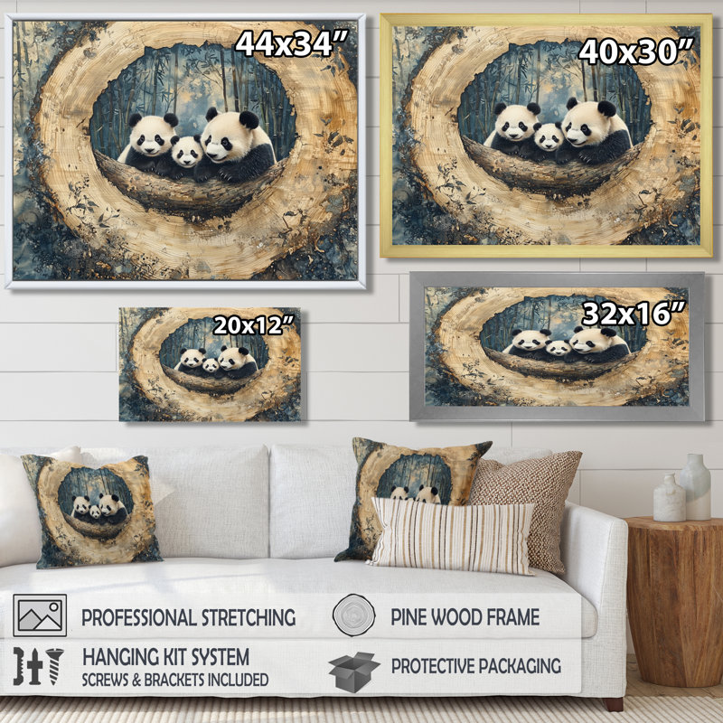 Gerolama, glissade sur bois, famille de panda dans la forêt I - art mural Panda, H 34 po x l 44 po, Toile tendue