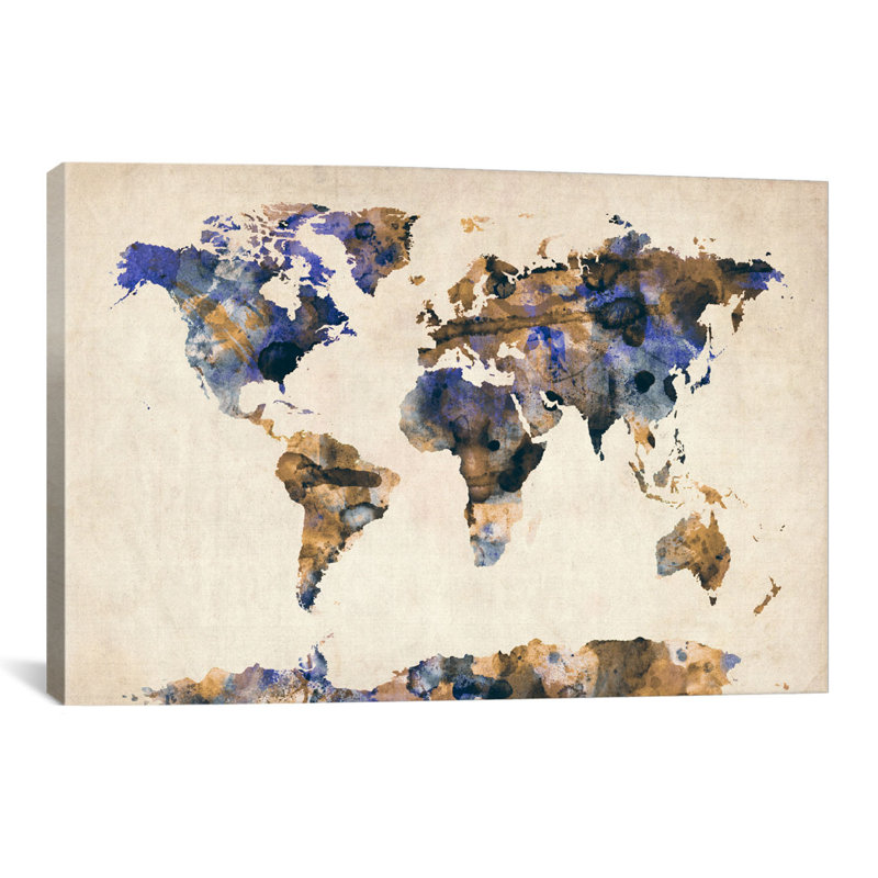« urban aquarelle world map v », impression, Toile, H 18 po x l 26 po x P 1,5 po