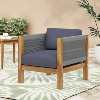 Siège de jeu en bois Wood, accents tissés à la corde, housse en tissu aquatique, 28 po Chaise de jardin profonde, détails, coussin de siège, hauteur 25,57