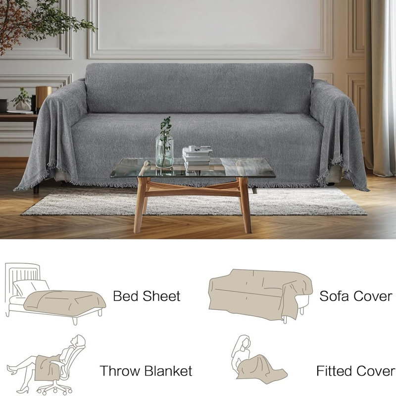 Chenille Box Cushion Sofa Slipcover, Grey, 180cm H x 300cm W