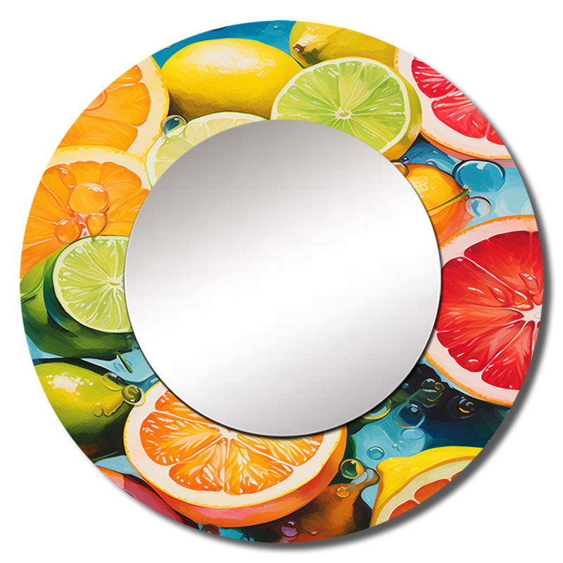 Food Citrus Collage Popart - Desserts Mirror, Traditional Round Decorative Wall Mirror, Printed Metal Art, 29" x 29"