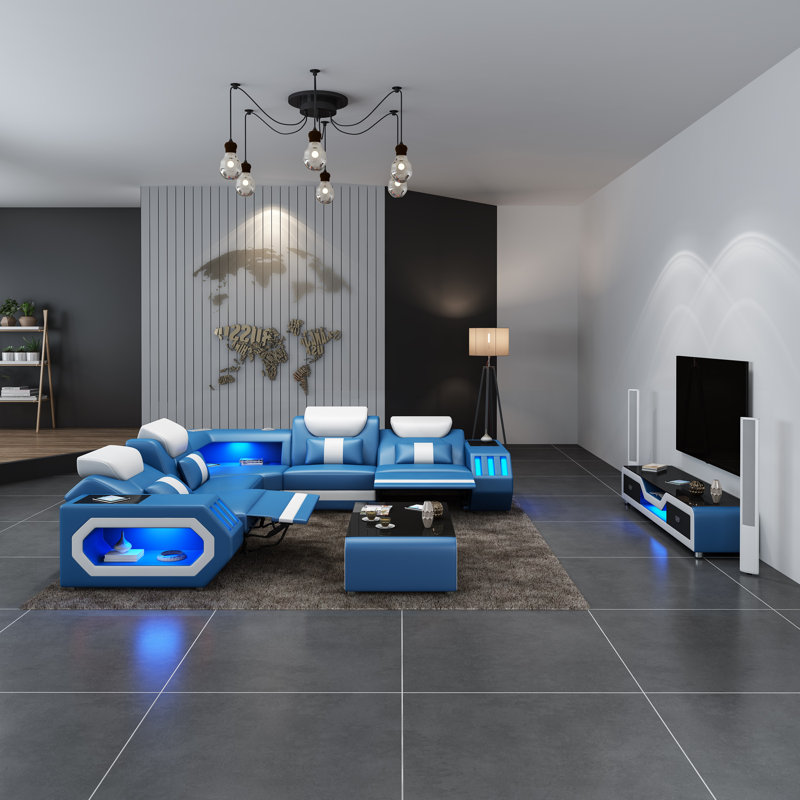 Spaceship Sectional, Blue/White Genuine Leather