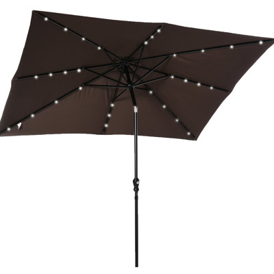 Parasol solaire brun avec lumières DEL, 9 pi x 7 pi, inclinable et à manivelle, pour terrasse, jardin, mécanisme près de la piscine, pour patio, cour, piscine, plage