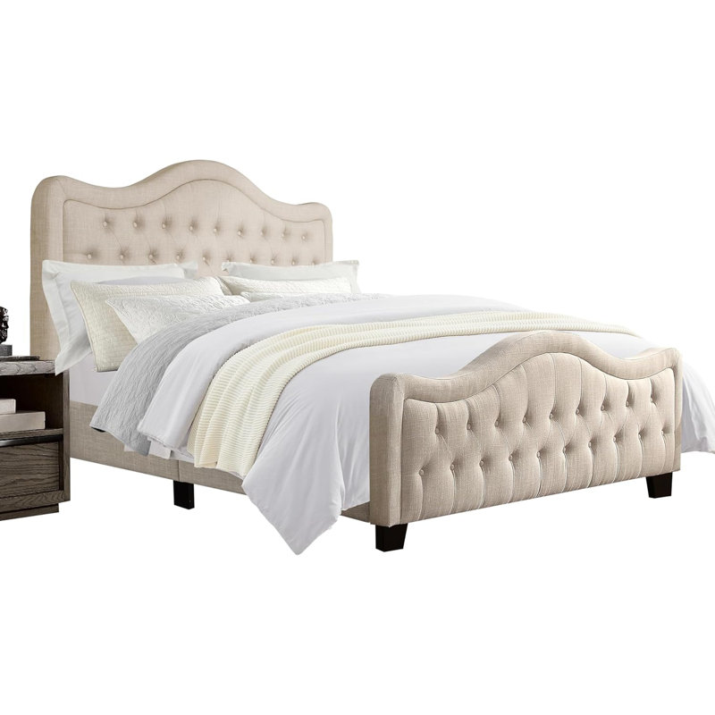 Tête de lit tapissier capitonnée à hauteur réglable avec pied de lit, Beige, Grand