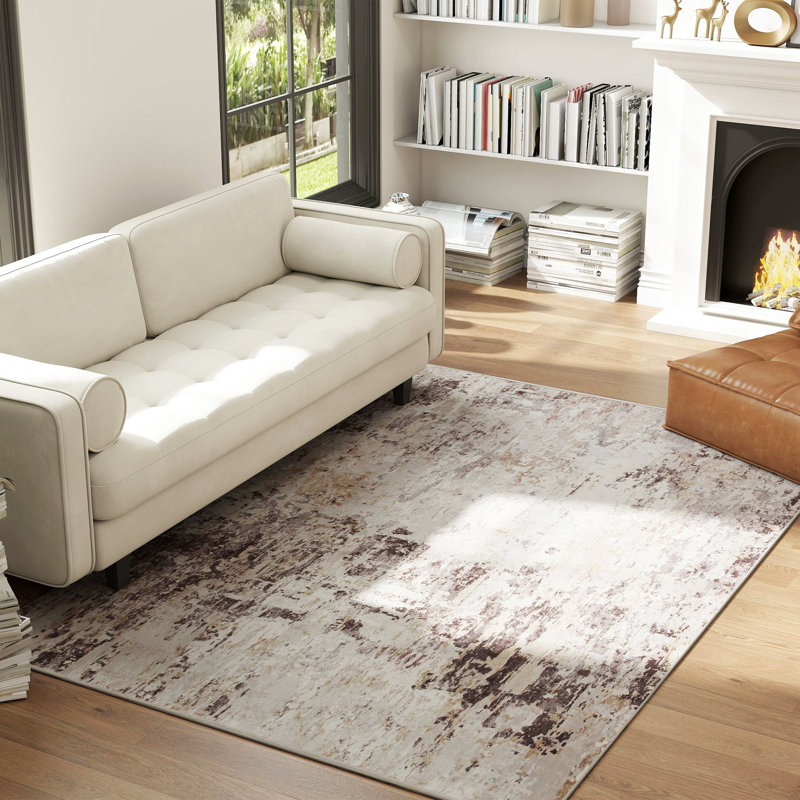 Area Rug, Machine Washable Rug, Distressed Non-Slip Modern Abstract Floor Cover Foldable Carpet for Living Room, Bedroom, Dining Room, Mixed-Brown