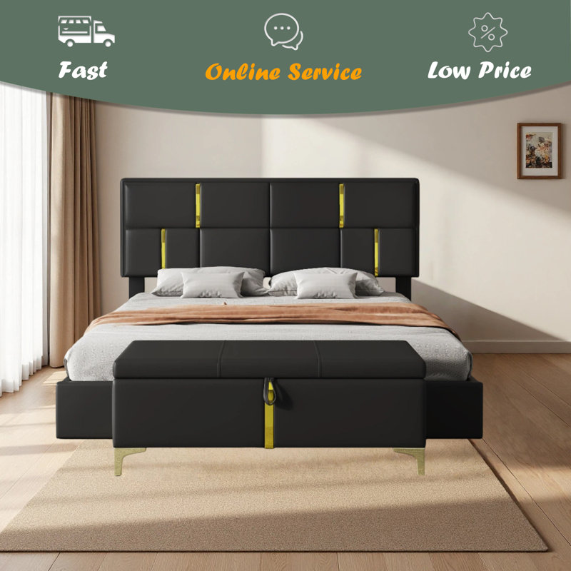 2-Pieces Bedroom Sets,Queen Size Upholstered Platform Bed With Hydraulic Storage System,Storage Ottoman With Metal Legs