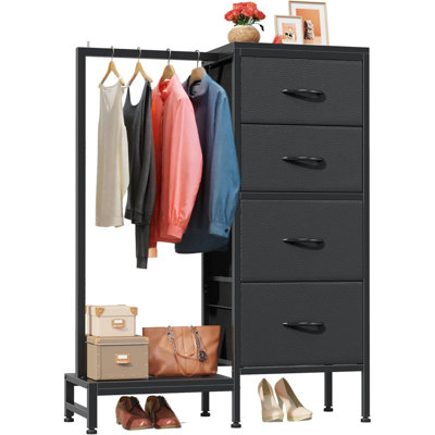 Dresser With Hanging Rack, 4 Drawers Small Closet For Bedroom, Reversible Fabric Kids Chest Of Drawers With Clothes Rack, Tall Storage Tower, Sturdy Frame, Black, 44''H