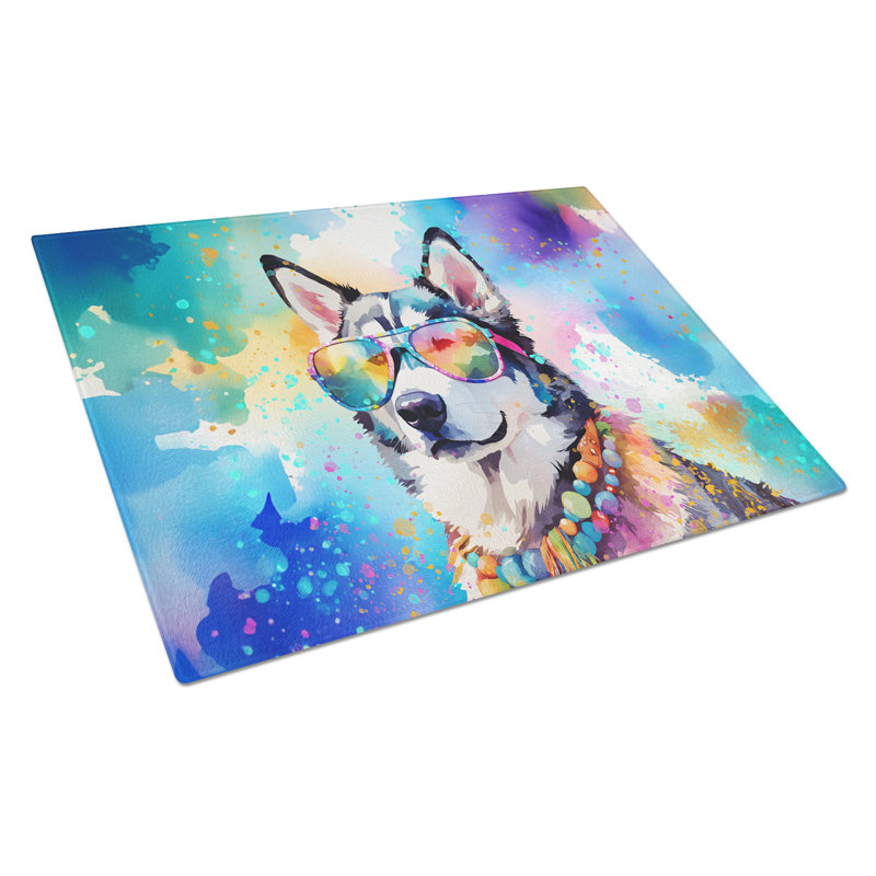 Siberian Husky Hippie Dawg Glass Cutting Board Large