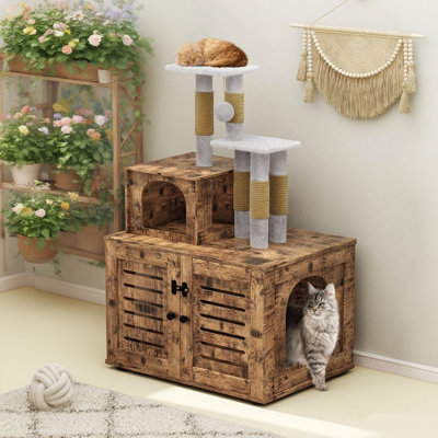 Arbre à chat avec bac à litière, bac à litière avec poteau à griffer et perchoir moelleux, arbre à chat en bois avec bac à litière caché, tiroirs de cuisine d'extérieur