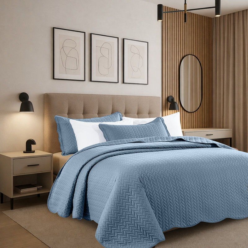 Modern Embossed Microfiber Twin Quilt Set, Washed Blue