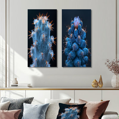 Cactus monochrome orange, bleu, désert, lueur I - ensemble de 2 cactus floraux