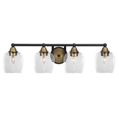 Barre d'éclairage de salle de bain 4 lumières à fini noir mat et laiton avec verre transparent de 6 po