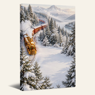 Art rétro sur toile rétro, train à vapeur rouge dans la forêt enneigée