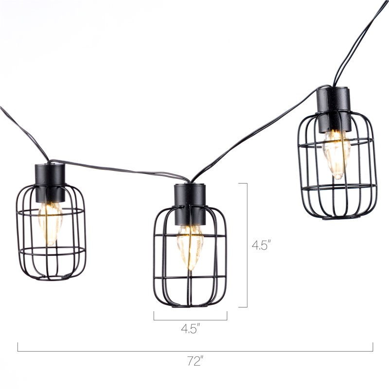 Guirlande de lumières décoratives solaires en métal à 10 lumières - Éclairage extérieur industriel en fil noir de 6 pieds avec ampoules DEL blanc chaud