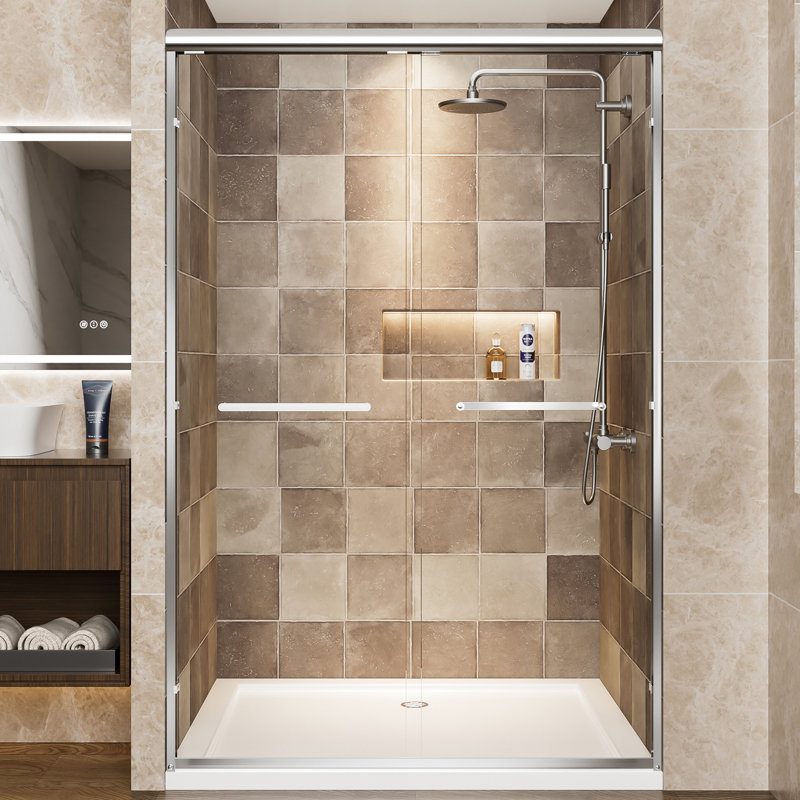 Double Sliding Shower Door Of Aluminum Frame, 48" W X 72" H, 1/4" (6Mm) Tempered Glass With - Proof Film, Reversible And Waterproof Design For Bathroom In Clear Adjustable Width, Handles