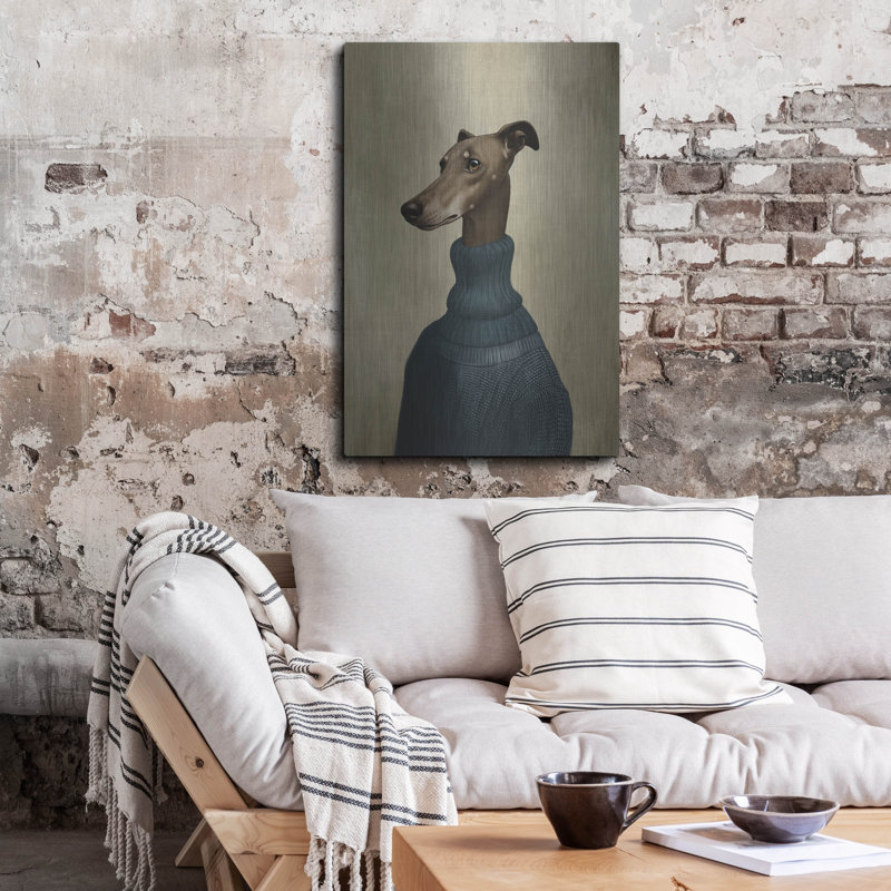 «Blue Sweater Dog» par Svetlana Aleynikova, art mural en métal, H 36 po x l 24 po