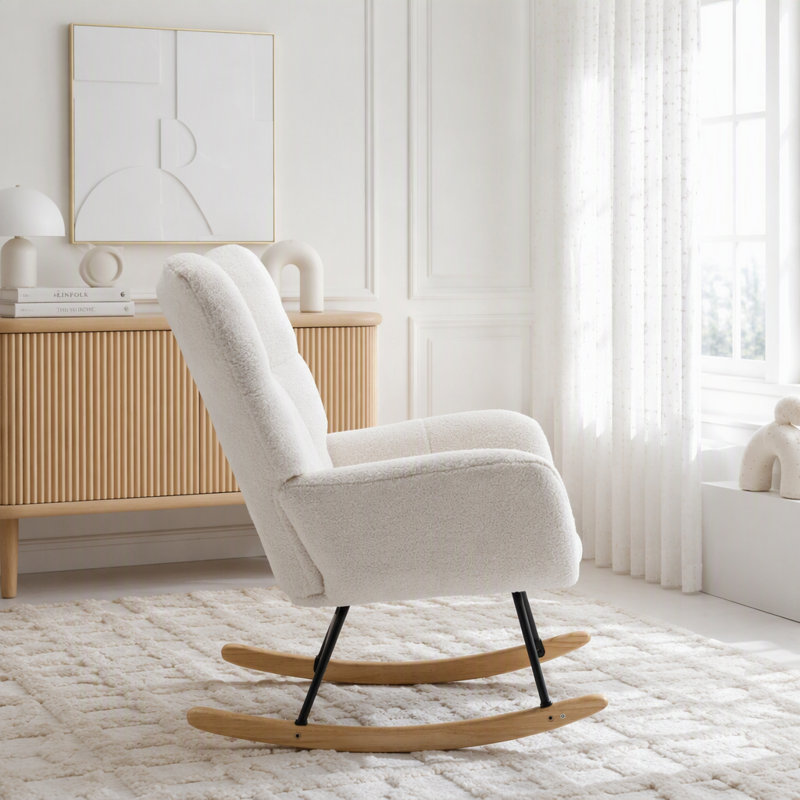 Chaise berçante à oreilles en tissu Teddy avec poche de rangement latérale, base en bois massif, sans assemblage, 30.3"W