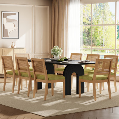 Ensemble de table et de chaises de salle à manger rectangulaires en rotin rembourré, 198 cm (78 po), style ferme mi-siècle, pour coin repas dans la cuisine.