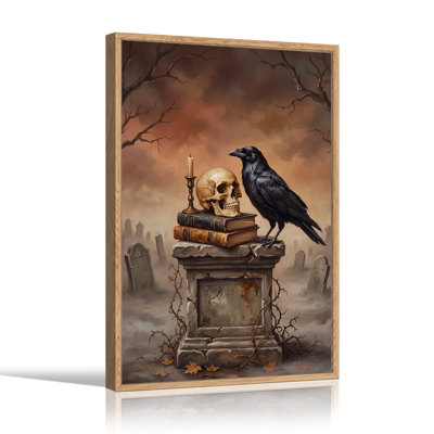 Black Raven Perched on Skull and Books in Foggy Halloween Canvas Wall Art