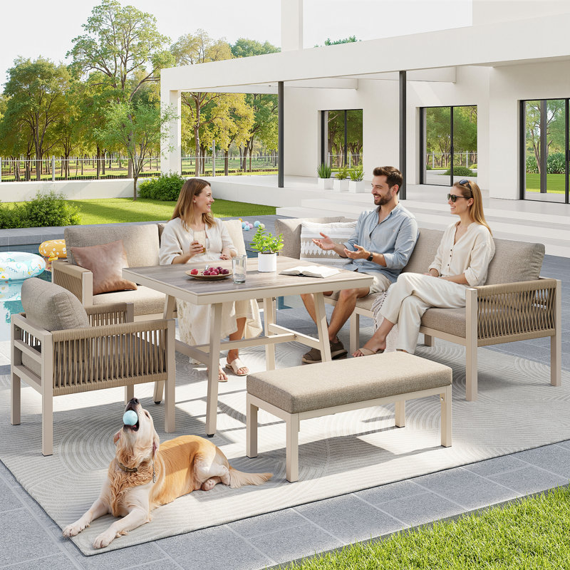 6-Piece Outdoor Patio Furniture Set With Cushions, Steel Frame & Glass Table