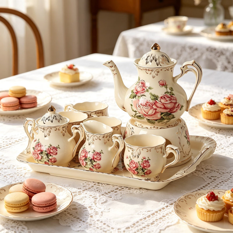 Service à thé en céramique pour 4 personnes, motif rose avec 4 tasses, cuillères, sucrier, bouilloire et plateau de rangement avec plateau amovible, parfait pour une fête à domicile ou un service de mariage