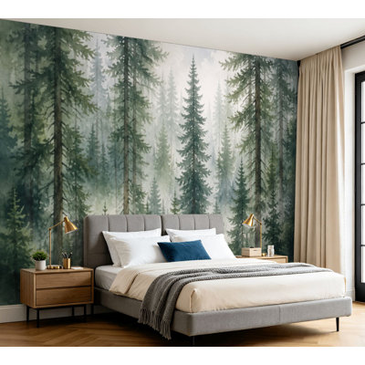 Wall Mural Peel and Stick Wallpaper Forest Green Tall Pine Trees Dense Mist Fog Tree Trunks Layered Self-Adhesive Removable Contact Paper Wall Decor for Living Room Bedroom 100"H x 144"W