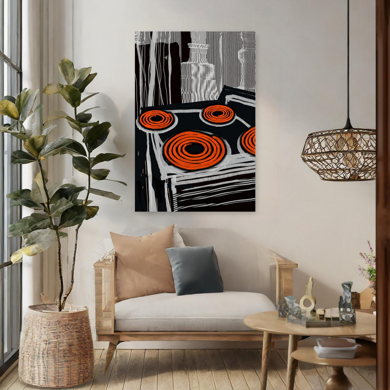 «Orange Stovetop Spirals», art mural abstrait contemporain audacieux, H 48 po x l 32 po
