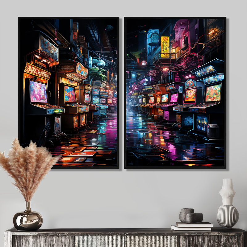 Impression sur toile Neon Arcade, Black, 36" H x 48" W, Impression encadrée flottante