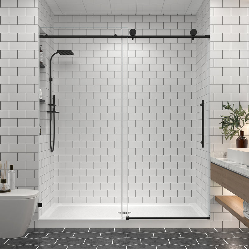 55"-60'' W x 76'' H Frameless Sliding Shower Door in Matte Black Finish with 5/16" (8mm) Clear Tempered Glass, Soft-Close, Easy-Clean Coating, Explosion-Proof Film