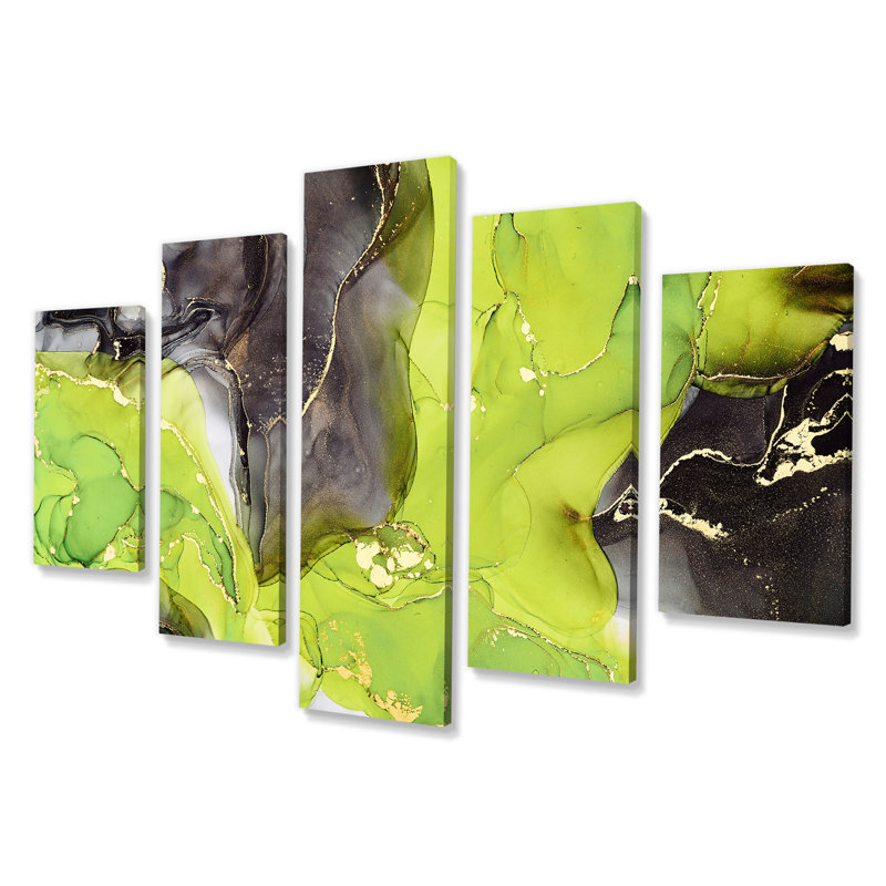 Abstract Luxury Green Black Fluid Art Canvas Modern 5-Panel Set - Abstract Fluid Art I