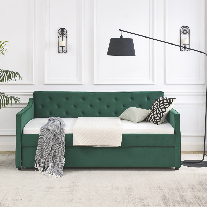 Lit de jour simple avec canapé-lit capitonné de taille simple et accoudoirs ondulés, Vert