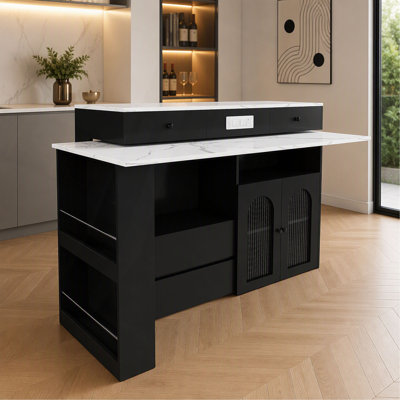 Kitchen Island with Extendable Rotating Table, MDF with Marble Veneer Retro Design, 4 Drawers Glass Door Cabinets with Built-in Socket, Expandable