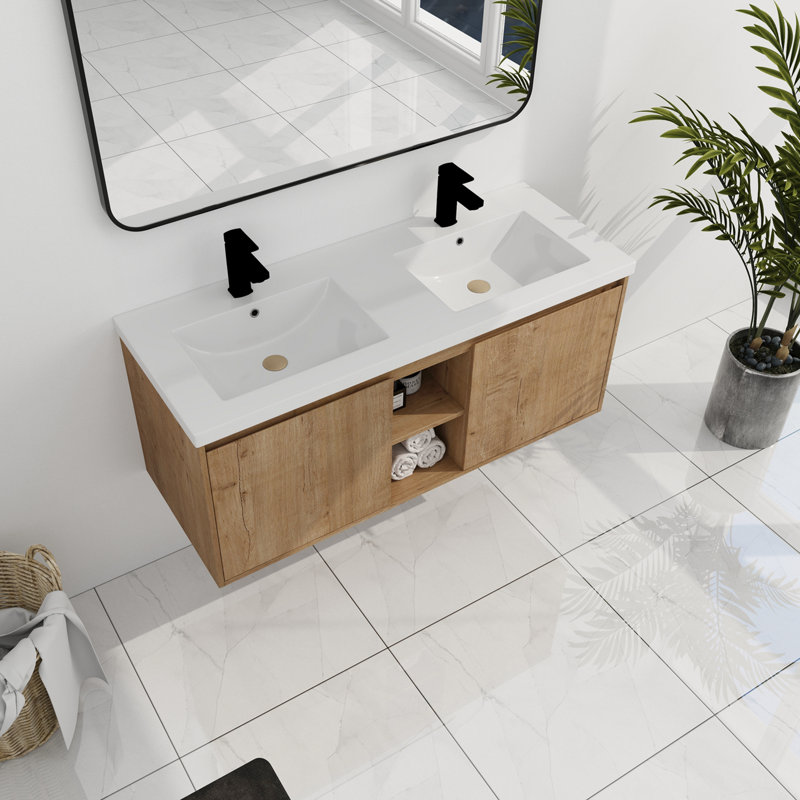 Meuble-lavabo mural avec lavabo double, charnière de porte à fermeture douce