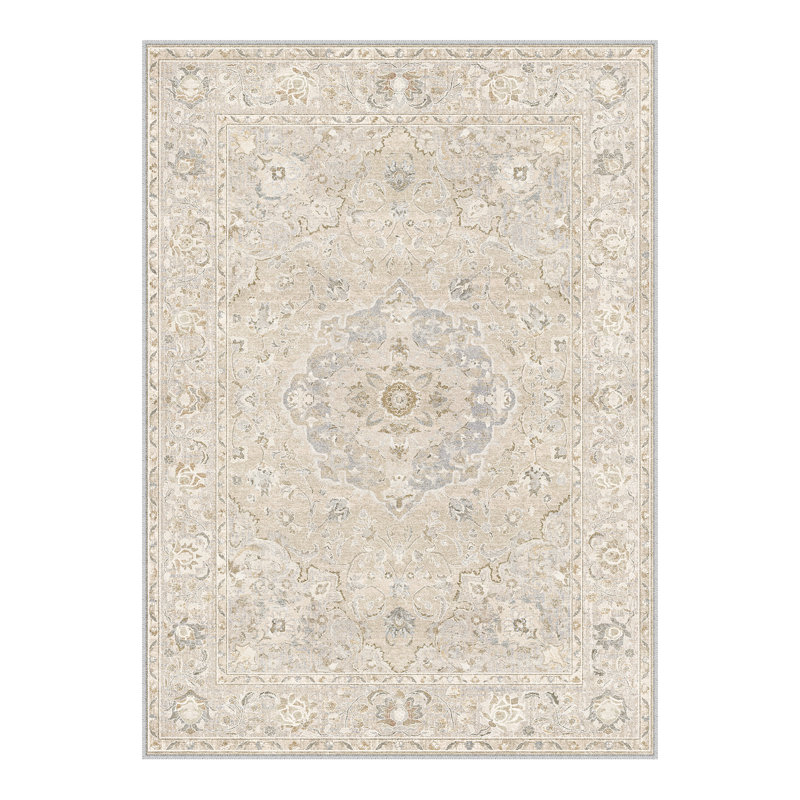 Tapis persan rétro Velora avec lavable à la machine et antidérapant, Ivory, Rectangle 5'x 7'