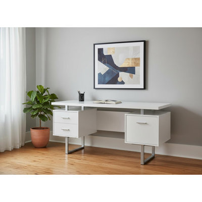 Bureau d'ordinateur 24 po blanc et argenté avec trois tiroirs