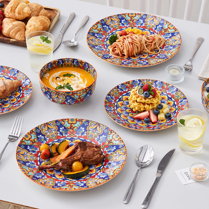 Porcelain Dinnerware Set 12 Pieces , Multicolour Set, For 4 Person, In Bohemian Style, Red