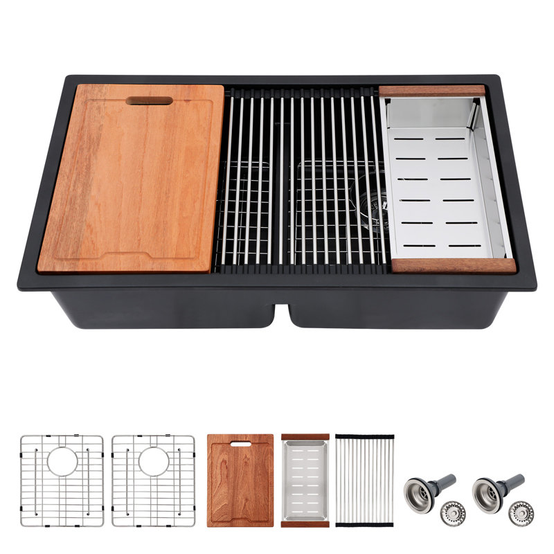 Évier de cuisine en quartz avec station de travail double encastrable en granite avec planche à découper, grille inférieure et support à roulettes L 33 po x l 19 po Quartz