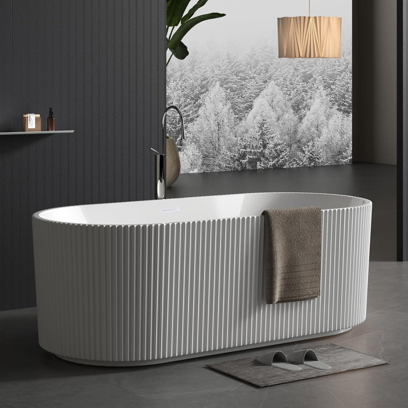 Freestanding Soaking Bathtub, Contemporary Acrylic Pleated Tub, White Stand Alone Bath with Chrome Overflow and Drain, Easy Install for Modern Bathroom Renovation