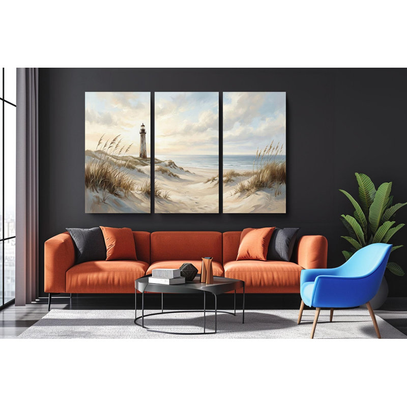 Reproduction d'art sur toile, "Serene Coastal Lighthouse Triptych" - Dunes de plage, art mural, PRÊT À ÊTRE SUSPENDU