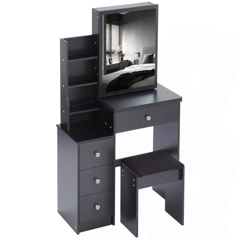 Petite coiffeuse avec table de chevet gauche + tabouret rembourré, très grand miroir coulissant, Noir, noir, noir, noir
