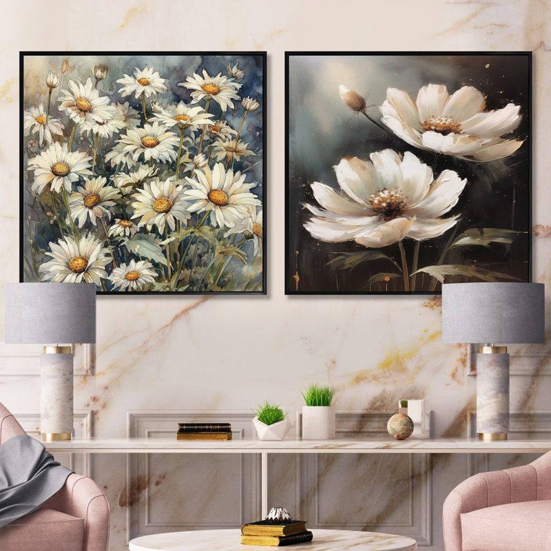 Melody of Daisy - blanc et vert, Cadre flottant noir, H 16 po x l 33 po