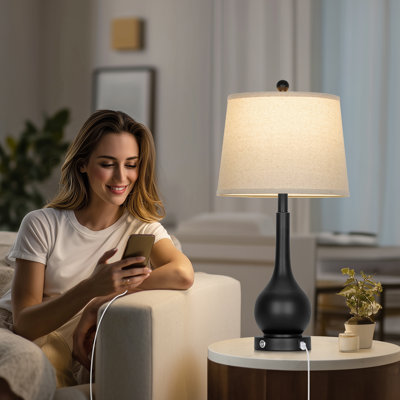 Modern 26'' Black Table Lamps with Oatmeal Fabric Shades, USB and Type-C Charging Ports, Dimmable Bulbs Included