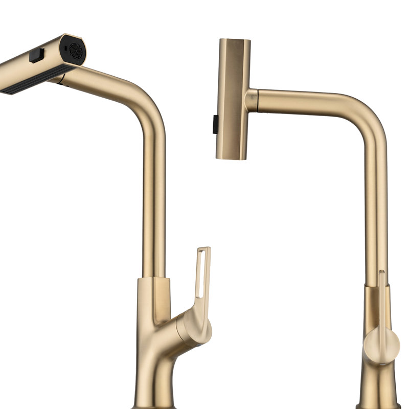 Brushed Gold Kitchen Sink Faucet With Pull Down Spray - Construction, Single Handle, Hot And Cold Water, 3 Modes Modes, 360 Rotation, Zinc, Water Options